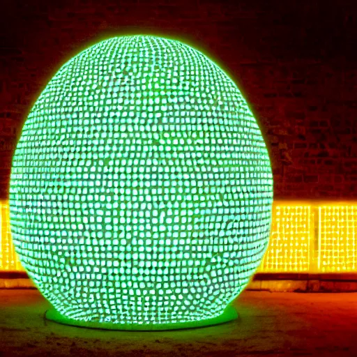 Prompt: annie liebowitz portrait of a tron dinosaur egg made up of glowing electric plates. egg hovers slightly above on a glowing glass pedestal. cinestill