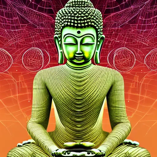 Prompt: robotic lifeform buddha meditating in front of a beautiful fractal neural network