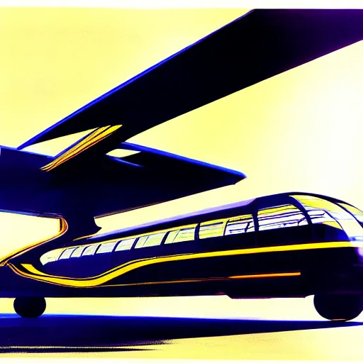 Image similar to concept art for a flying bus, painted by syd mead, high quality