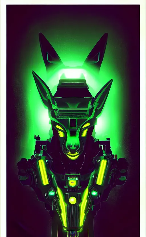 Prompt: poster style, a beautiful and terrifying painting with high details a digital portrait of cyber anubis with robotic jackal head in style of green neon, cyber noir, movie atmosphere, movie lights, 8 k, light effect, rtx on, trending on artstation, by kilian eng, lee madgwick, bastien lecouffe - deharme