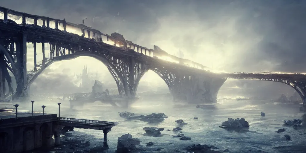 Image similar to huge white cotton everywhere on the destroyed harbour bridge, smooth, sharp focus, highly detailed, 3 d octane render, epic lighting, tragic atmosphere,, lots of white cotton, 8 k, by greg rutkowski