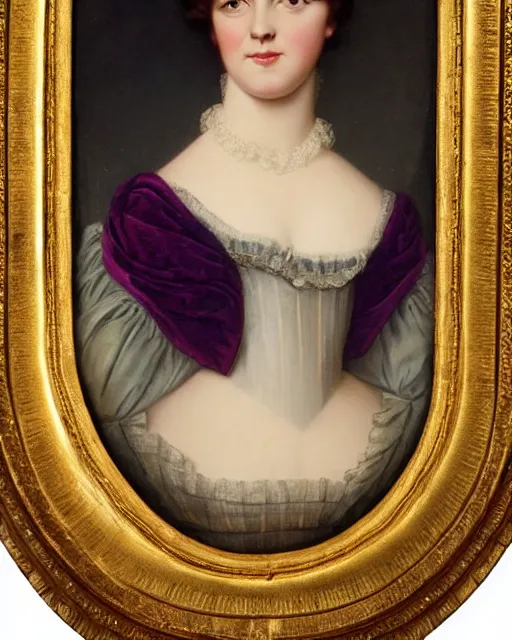 Prompt: regency portrait en buste of annasophia robb violet beauregarde leslie burke by Hughes Merle, perfectly detailed eyes, realistic fabric, abundant detail