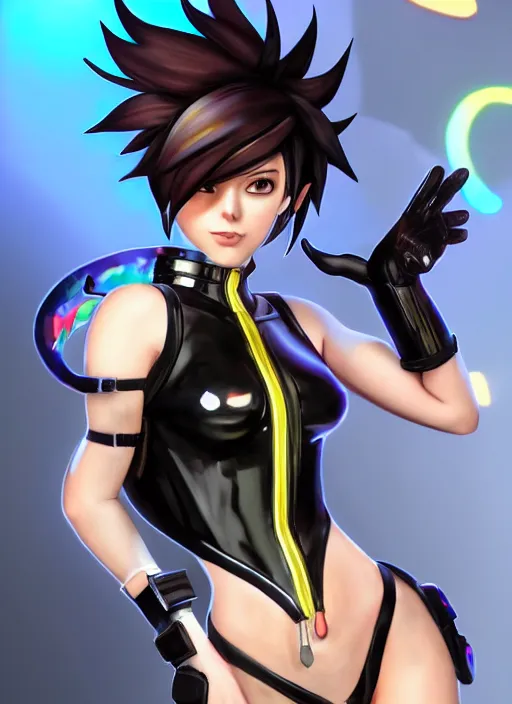 Image similar to full body digital artwork of tracer overwatch, wearing black iridescent rainbow latex swimsuit, 4 k, expressive happy smug expression, makeup, in style of mark arian, wearing detailed black leather collar, wearing chains, black leather harness, leather cuffs around wrists, detailed face and eyes,