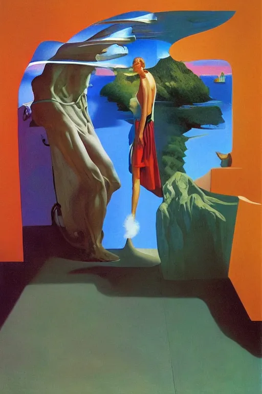 Image similar to surrealism!!!!! liminal vaporwave dreams, painted by Edward Hopper, painted by salvador dali, painted by moebius, airbrush