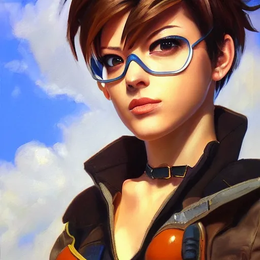 Image similar to oil painting of tracer overwatch in a field wearing large steel choker around neck, in style of mark arian, expressive face, detailed face, detailed eyes, full body, feminine face, tracer overwatch,