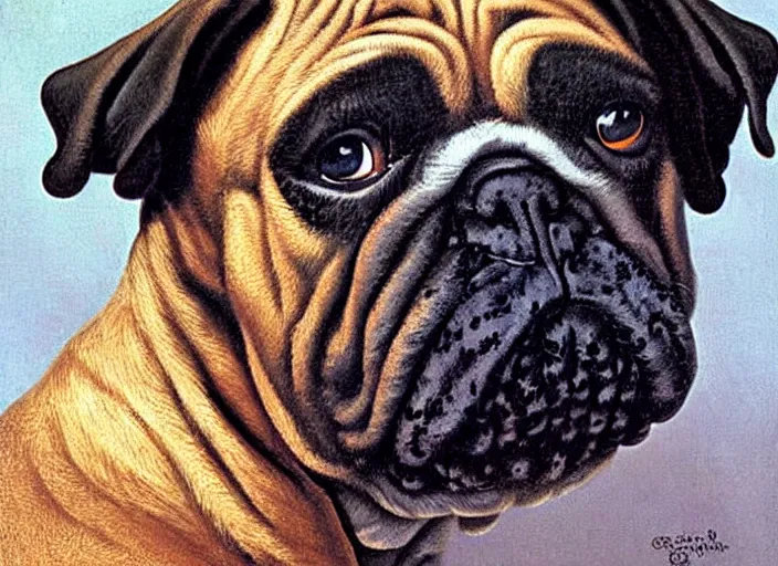 Prompt: baroque rococo painting The Ugly Royal Bulldog portrait Greg Hildebrandt high detail cute puppy