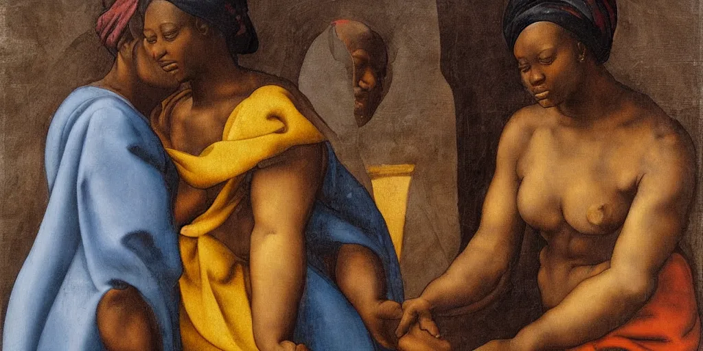 Prompt: Michelangelo painting of an African woman holding hands with a swedish woman