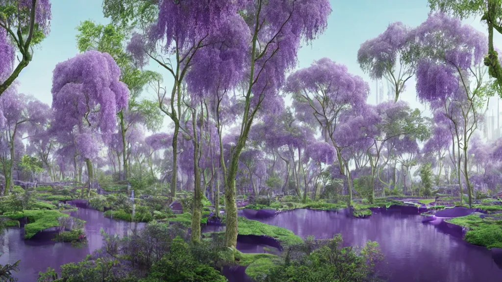 Prompt: view of the from across the purple river of the robot factory in the wisteria forest by simon stalenhag and zaha hadid