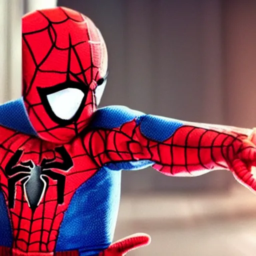 Image similar to realistic photo of spiderman holding baby wearing spiderman costumes, an film still