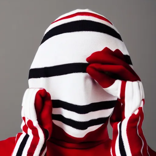 Prompt: portrait of a person wearing featureless white mask, wearing red and white stripes hoddie