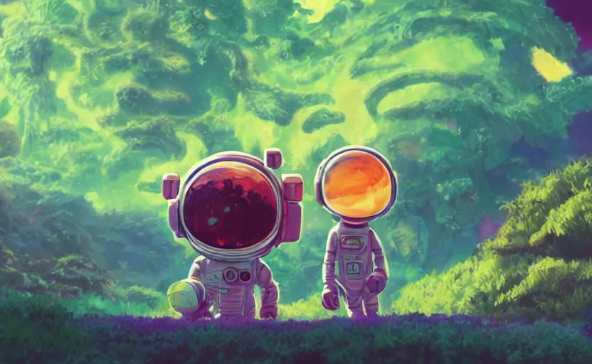 Prompt: a still of a cute adorable tiny astronaut, on a planet of lush colorful foliage, with an enormous kaiju dragon in the background, magical forest, sharp focus, neon backlit, highly detailed, disney pixar studio ghibli makoto shinkai, digital painting, matte, octane render, global illumination, iridescent, anime, 8 k concept art