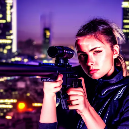 Prompt: photographic portrait of a techwear woman holding a shotgun, closeup, on the rooftop of a futuristic city at night, a futuristic city in the background, sigma 85mm f/1.4, 4k, depth of field, full color, Die Hard, movies with guns, movie firearms