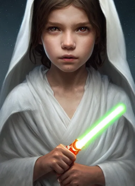 Image similar to perfectly - centered - portrait of a kid wearing white cloak holding light saber, intricate, highly detailed, digital painting, artstation, concept art, smooth, sharp focus, illustration, unreal engine 5, 8 k, art by artgerm and greg rutkowski and alphonse mucha