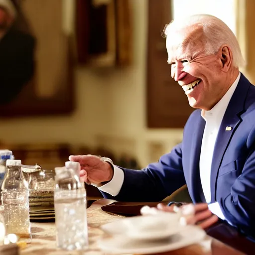 Image similar to 4 k hdr portrait wide angle photo of president joe biden laughing at a dinner table meeting surrounded by taliban terrorist leaders