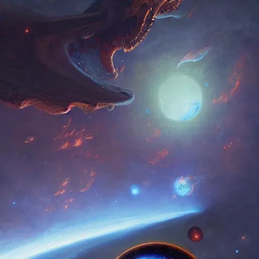 Prompt: Blue dragon devouring an earth like planet in space, sun system, nebula in the background, oil painting, by Fernanda Suarez and Edgar Maxence and Greg Rutkowski