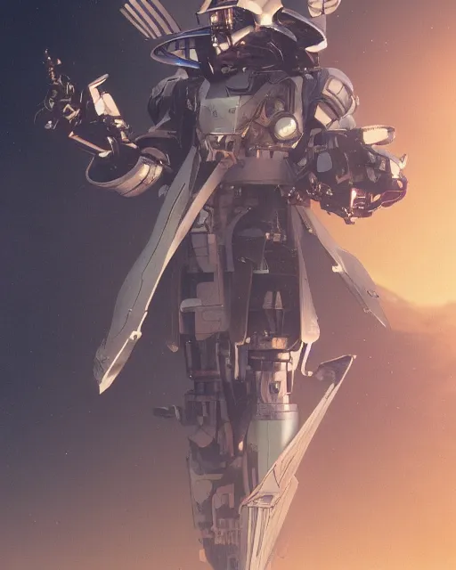 Image similar to full body concept art of a mech space samurai with jet pack and thin mech wings, hovers above ground, dust swirls under him, realistic, cinematic, atmospheric, sci - fi movie character, octane render, by moebius, alphonse mucha, roger deakins, masamune shirow