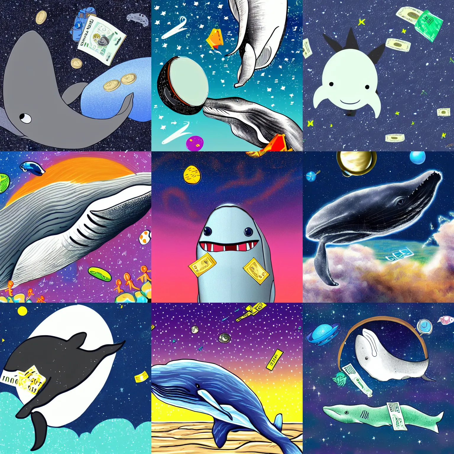 Prompt: A whale eating a bag of money in space digital art
