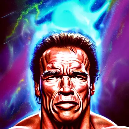 Image similar to I've discovered life, arnold schwarzenegger, ecstatic, infinite power, manic, perfect eyes, full body shot, chemical structures, atoms, molecules, portrait, energized face, noble, transformation, vivid colors, elegant, concept art, sharp focus, digital art, Hyper-realistic, 4K, Unreal Engine, Highly Detailed, HD, Dramatic Lighting by Brom, trending on Artstation