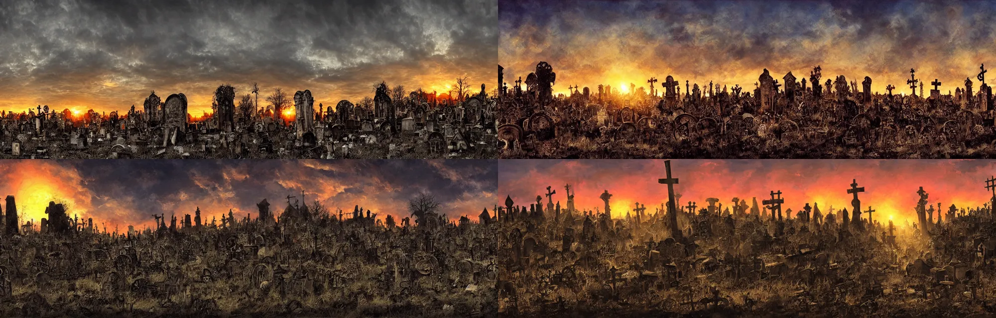 Prompt: souls graveyard with backlight , sunset , big sun on right , moody panorama by frazetta