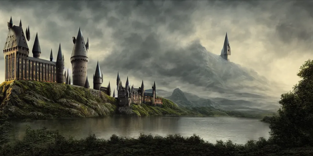 Prompt: Hogwarts in the evening. Lake. Detailed matte painting. Cinematic. Alan Lee. Artstation.