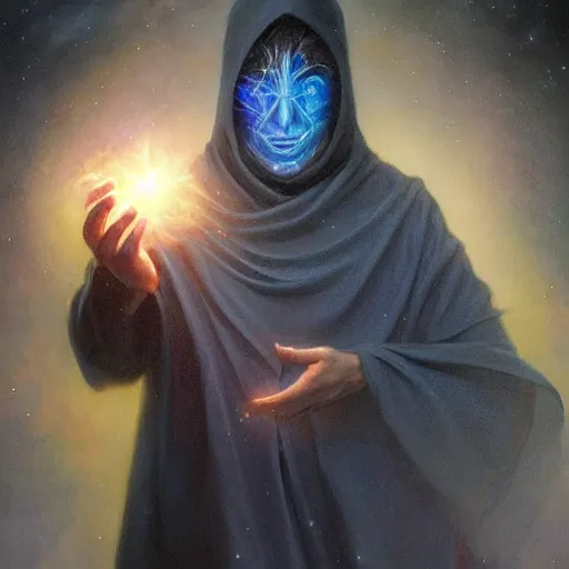 Image similar to the creator of worlds wearing a cloak and holding a holographic planet projection in his hand, detailed, sci - fi, digital painting, artstation, sharp focus, illustration, ominous, artgerm, tomasz alen kopera, peter mohrbacher, donato giancola, joseph christian leyendecker, wlop, frank frazetta