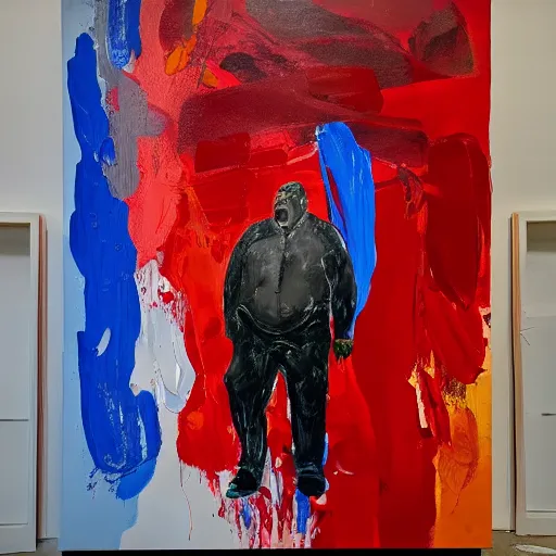 Prompt: _ in _ these _ paintings _ we _ see _ a _ big _ man _ who _ seem _ to _ be _ walking _ in _ circles in an empty void space, 4 k, in the style of ben quilty, minimal red and blue palette, medium shot, oil paint with thick brushstrokes of paint, impasto, detailed,