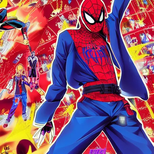 Image similar to Anime key visual of Cyberpunk ninja Spider-Man in a colorful blue and scarlet suit, wearing a scarlet hoodie, riding a skateboard in Berlin, official media drawn by Hirohiko Araki, anime magazine cover, manga cover, shonen jump cover, in the style of JOJO’s bizarre adventure, Hirohiko Araki artwork, takashi murakami artwork