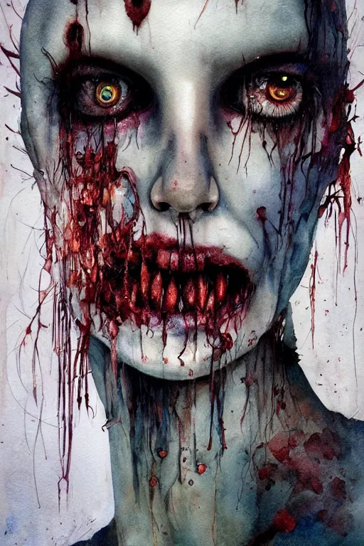 Image similar to watercolor cartoon grunge portrait of a creepy horror nurse girl . intricate abstract. intricate artwork. nightmare fuel. terrifying. by zdzisław Beksiński, wlop, dan mumford , trending on artstation, greg rutkowski very coherent symmetrical artwork. cinematic, hyper realism, high detail, octane render, 8k