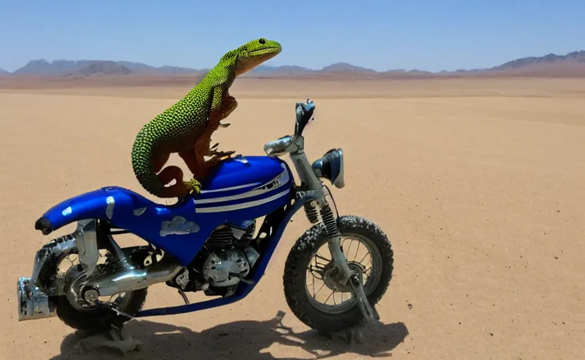 Prompt: gecko riding a mini motorcycle, in the desert, long road,