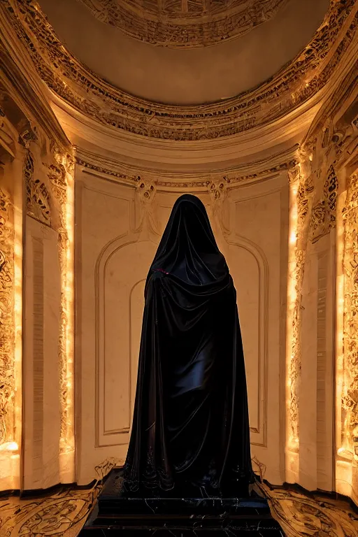 Prompt: the unknown maiden partially covered by a red silk wrapped veil, statue made with embossed polished black marble, sculpted by hedi xandt and bernini, epic and cinematic view, volummetric light, intricate, detailed, 8 k