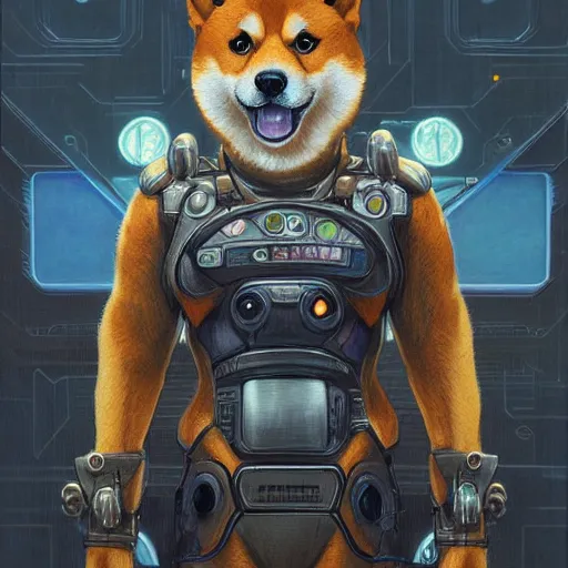 Image similar to lotus pose, anthropomorphic shiba inu, realistic scifi cyberpunk, wearing the expanse season 2 - goliath powered armor, portrait art by donato giancola and greg rutkowski, realistic face, digital art, trending on artstation, symmetry