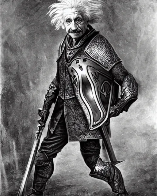 Image similar to albert einstein wearing daedric armor wielding a daedric battleaxe d & d detailed photo photorealistic