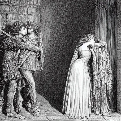 Image similar to a scene from romeo and juliet, high detail, illustration by gustave dore