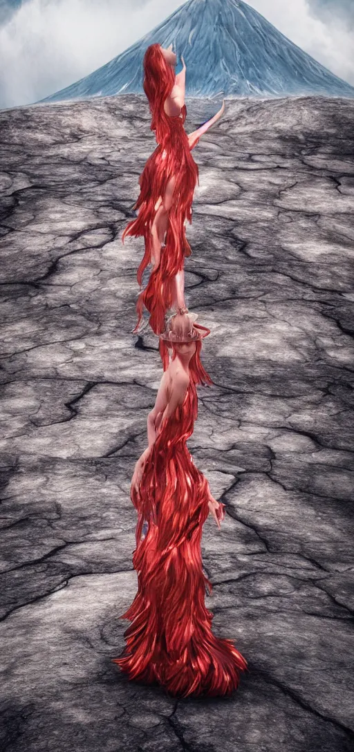 Image similar to a beautiful hyperrealistic ultradetailed 3D render girl in a magnificent dress stands near a volcano, voge photo, fashion style, Annie Leibovitz photostyle, octane render, 3D, brilliantly colored, intricate, wide angle, volumetric lighting, polished, path tracing