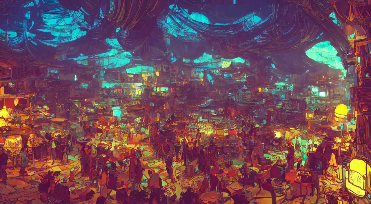 Image similar to bazaar zouk oriantal full color sky shine place mosquet painting stylized digital illustration video game icon global illumination ray tracing that looks like it is from borderlands and by feng zhu and loish and laurie greasley, victo ngai, andreas rocha, john harris