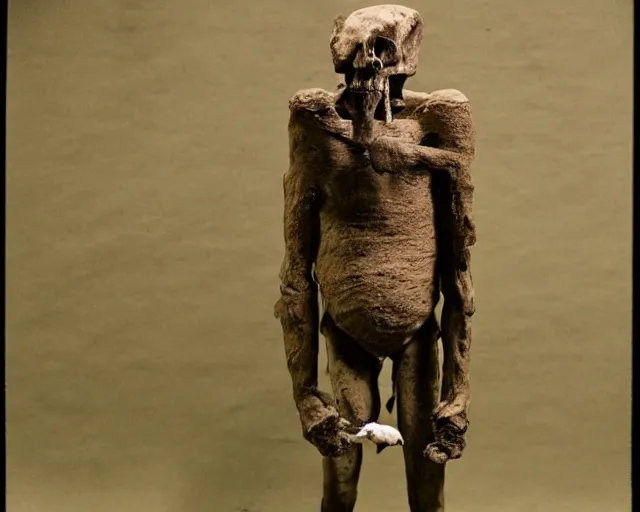 Prompt: a bipedal creature made of clay and bones in the style of jan svankmajer. 1 6 mm photograph