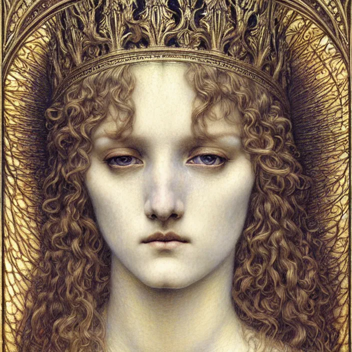 Image similar to detailed realistic beautiful young medieval queen face portrait by jean delville, gustave dore and marco mazzoni, art nouveau, symbolist, visionary, gothic, pre - raphaelite. horizontal symmetry