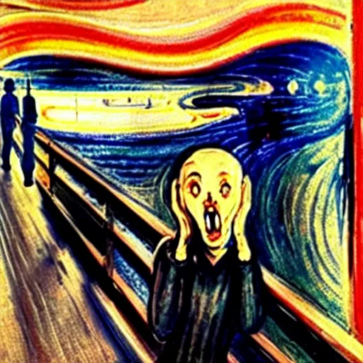 Prompt: anime girl in the scream painting by edvard munch