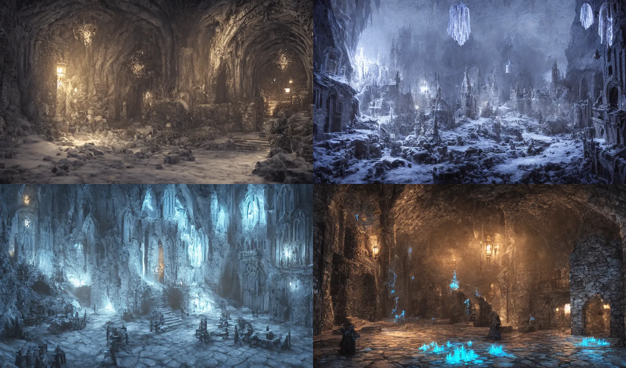 Prompt: magical medieval town in an underground icy cavern, dragon age, spiky icy crystals on the walls, rpg, dnd, blue gloom light, fantasy, god rays, cinematic, intricate detail, highly detailed, photorealistic, hight detail, noblur, octane render, unreal engine 5, 8K