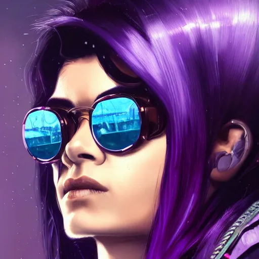 Image similar to very detailed masterpiece closeup painting of a very beautiful young mexican cyberpunk woman with blue shutter shades, one side haircut, dark purple hair, purple leather jacket, cyberpunk background, purple lighting, raining, portrait, artstation, concept art by greg rutkowski