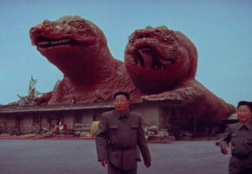 Image similar to Pulgasari the North Korean monster, volumetric lighting, filmstill, produced by Kim Jong-il, Kodachrome, kaiju-eiga, starfish monster movie, communist propaganda, film noir, 35mm film grain, Cooke Varotal 20-100mm T3.1