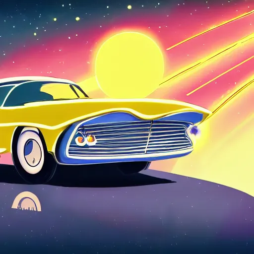 Image similar to 1960s car on a road in space driving towards a planet, trending on art station