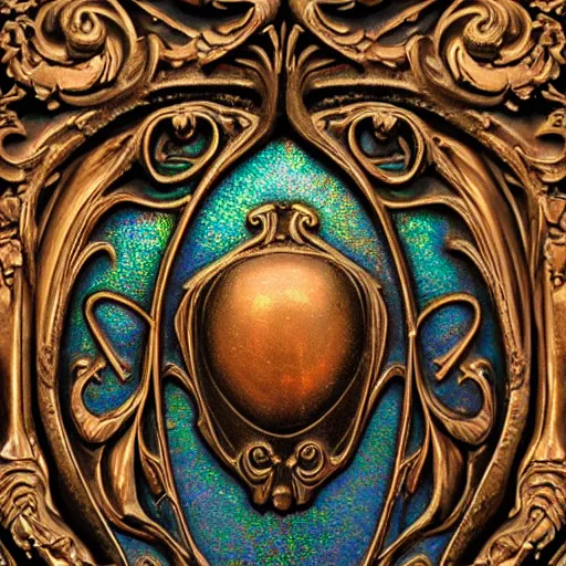 Image similar to Art Nouveau cresting oil slick waves, hyperdetailed bubbles in a shiny iridescent oil slick wave, ornate copper patina medieval ornament, rococo