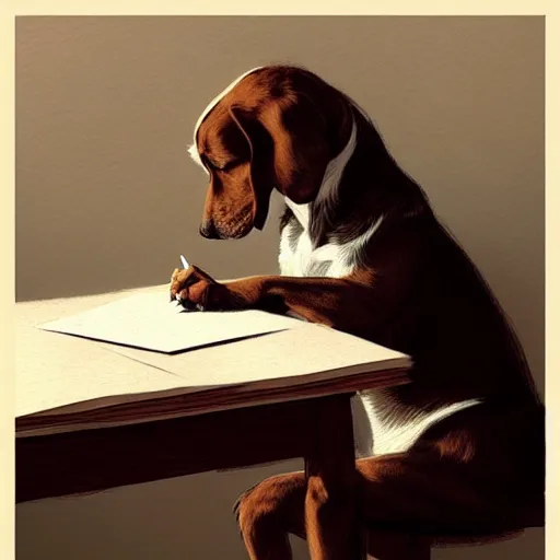 Image similar to a dog writing a letter with a pencil, art by greg rutkowski, intricate, elegant, highly detailed, smooth, sharp focus, artstation