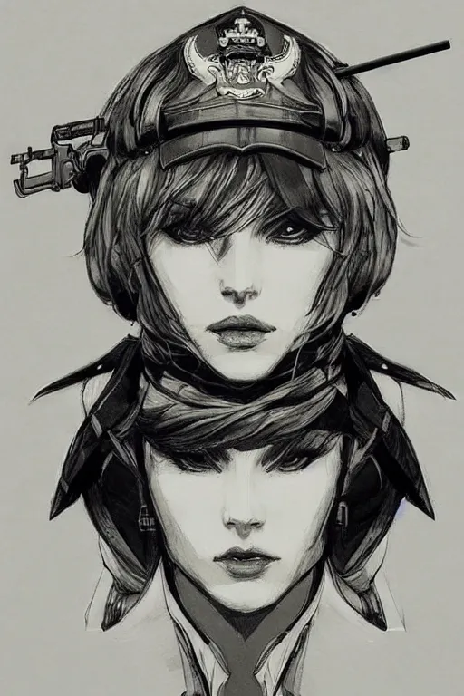 Image similar to beautiful portrait of a female officer wearing a fancy naval uniform, concept art by yoji shinkawa, felt tip pen, intricate detail, sharp focus, illustration