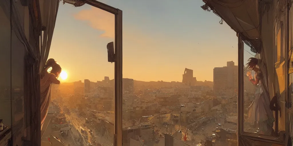 Prompt: seen from broken window!! karachi streets,, sunset in background, detailed, alphonse mucha, greg rutkowski, trending on artstation, artgerm, breathtaking, sharp focus, smooth, mark arian, award winning, highly detailed 4 k art