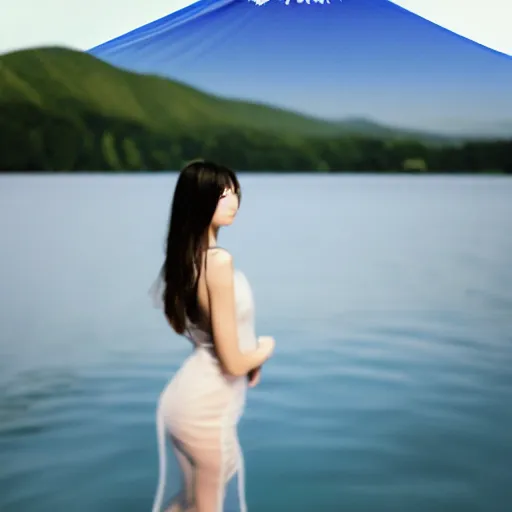 Image similar to a instax photo of fuji mountain, a beautiful girl in a transparent sheer fabric dress against the background of a lake, full body shot, perfect symmetrical body, perfect symmetrical face, coherent symmetrical eyes, hyperrealistic, hyperdetailed, octane render, 8 k