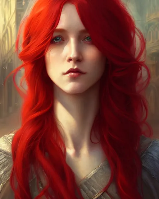 Image similar to long red hair mage, portrait, gentle, scowl, cloth, female, city background, d & d, fantasy, intricate, elegant, digital painting, red green color palette, artstation, octane render, concept art, matte, sharp focus, illustration, herrarthstone, art by artgerm and greg rutkowski and alphonse mucha