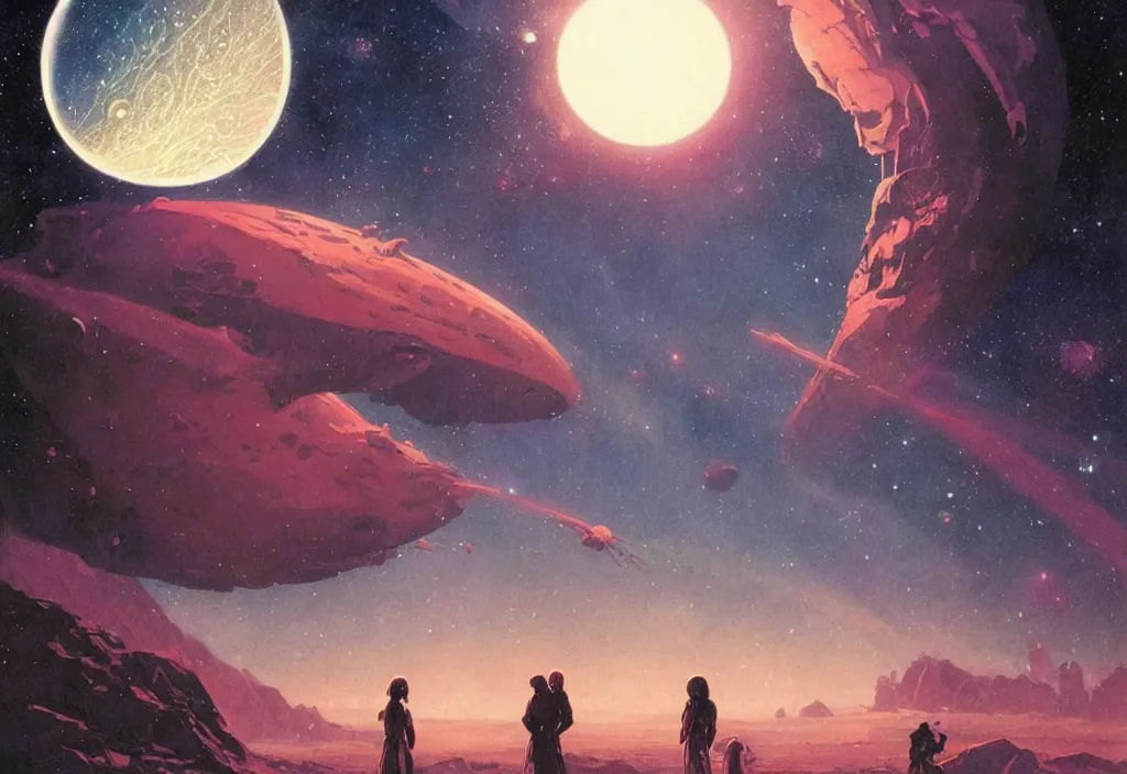 Image similar to illustrated by moebius and greg rutkowski, romantic!!! space scene!! with standing young girl!!!!, orbit of earth!, futuristic orbital station!!!!, nebulae!!, starry sky!!, rule of third!!!!, vintage cover of sci - fi magazine, cinematic!!