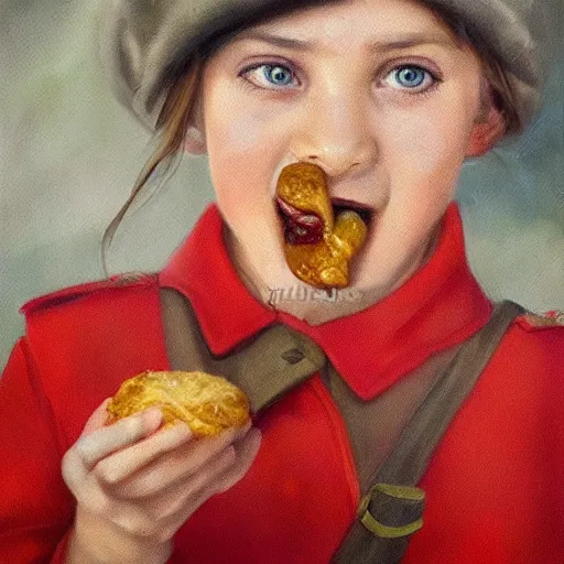 Image similar to high detail portrait oil painting illustration of beatiful girl as soviet red army soldier eating hot baked bun by justin sweet with face and body clearly visible, in a scenic background, pupils visible, realistic proportions, d & d, rpg, forgotten realms, artstation trending, high quality, sombre mood, artstation trending, muted colours, entire person visible!